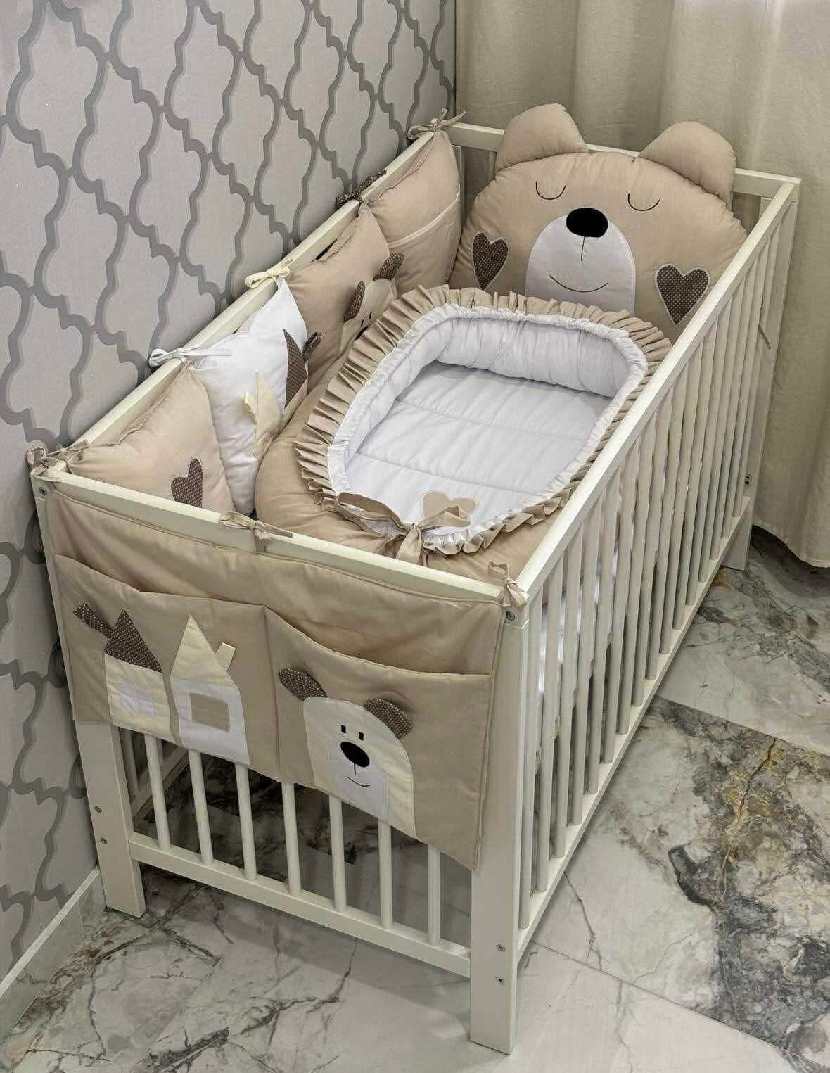 Set PREMIUM: Hniezdo, Vakúšikový Mantinel, Záhlavie Macko, Kapsár- Béžová/ Baby Modrá