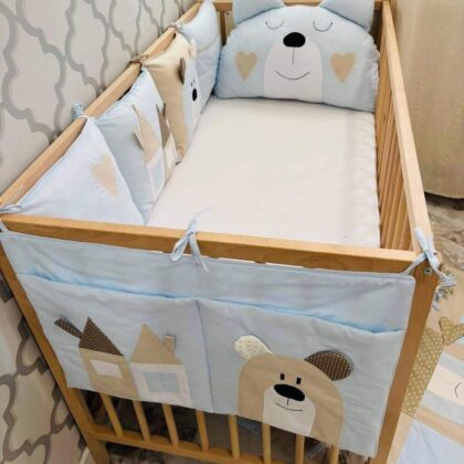 Set FAVORITE: Vankúšikový Mantinel, Záhlavie Macko, Praktický Kapsár - Béžová/ Baby Modrá